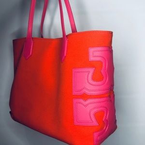 Pink Tory Burch Logo  Structured Canvas Tote